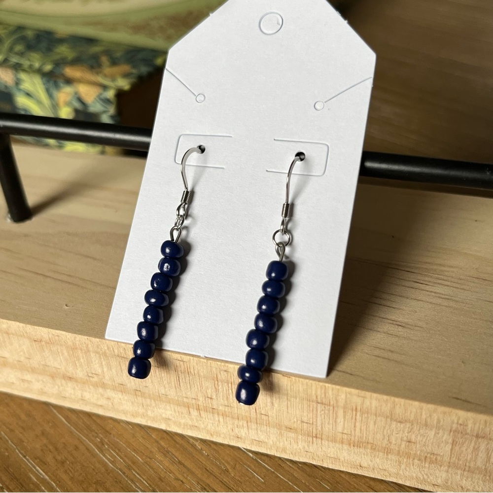 Handmade Beaded Earrings - Stainless Steel with Blue Beads - Nickel Free